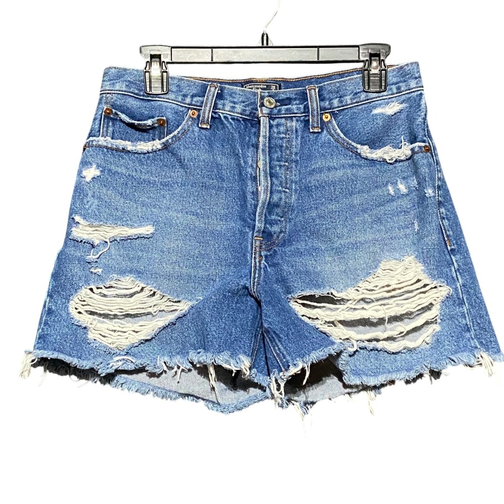 Abercrombie & Fitch High Rise Distressed 4" Cutoff Denim Shorts Blue 28 Boho 90s